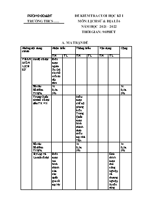 Đề kiểm tra cuối học kì I môn Lịch sử & Địa lí 6 - Năm học 2021-2022 (Có đáp án)