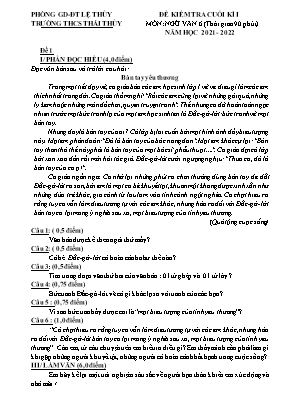 Đề kiểm tra cuối kì I môn Ngữ văn 6 - Năm học 2021-2022 - Trường THCS Thái Thủy