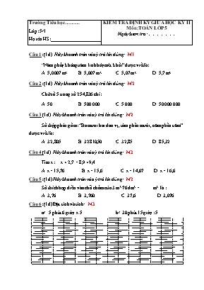 Đề kiểm tra giữa học kỳ II môn Toán Lớp 5 - Năm học 2020-2021 - Đề 2 (Có đáp án)