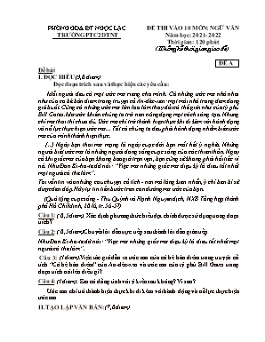 Đề thi vào 10 môn Ngữ văn - Năm học 2021-2022 (Có đáp án)