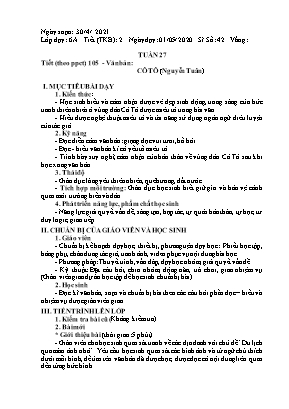 Giáo án Ngữ văn 6 -Tuần 27,Tiết 105: Văn bản: Cô Tô (Nguyễn Tuân)