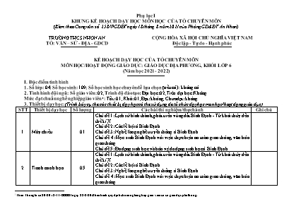 Kế hoạch dạy học môn Giáo dục địa phương Lớp 6 - Phụ lục 1, 2, 3 - Năm học 2021-2022 - Tỉnh Bình Định