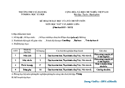 Kế hoạch dạy học môn Ngữ văn Lớp 6 (Cánh diều) - Phụ lục I - Năm học 2021-2022