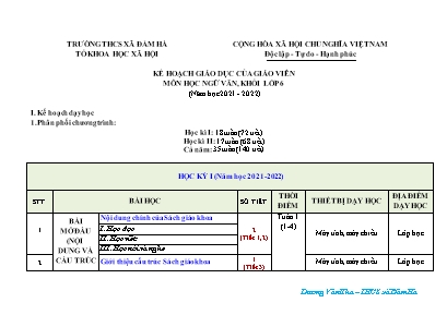 Kế hoạch dạy học môn Ngữ văn Lớp 6 (Cánh diều) - Phụ lục III - Năm học 2021-2022