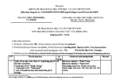 Kế hoạch dạy học môn Ngữ văn Lớp 6 - Năm học 2021-2022