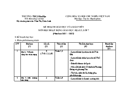 Kế hoạch giáo dục của giáo viên môn Địa lí Lớp 7 - Năm học 2021-2022 - Trường THCS Hòa Hậu