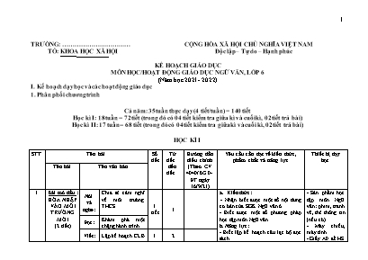 Kế hoạch giáo dục môn học/hoạt động giáo dục Ngữ văn Lớp 6