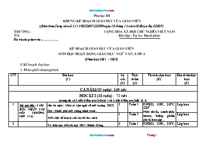 Kế hoạch giáo dục môn Ngữ văn 6 (Chân trời sáng tạo) - Phụ lục III - Năm học 2021-2022