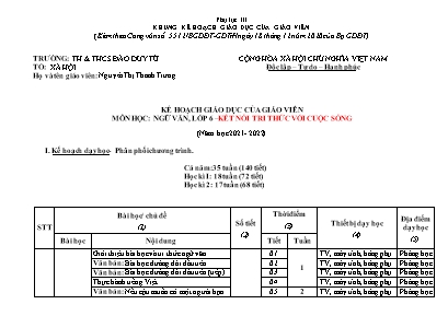 Kế hoạch giáo dục môn Ngữ văn Lớp 6 (Kết nối tri thức với cuộc sống) - Phụ lục III - Năm học 2021-2022