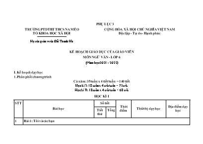 Kế hoạch giáo dục môn Ngữ văn Lớp 6 - Phụ lục 3 - Năm học 2021-2022