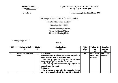 Kế hoạch giáo dục môn Ngữ văn Lớp 9 - Năm học 2021-2022