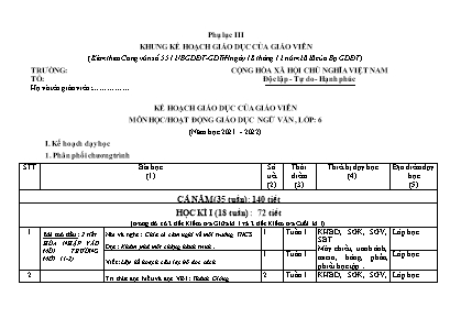 Kế hoạch giáo dục Ngữ văn Lớp 6 (Công văn 5512) - Phụ lục III - Năm học 2021-2022