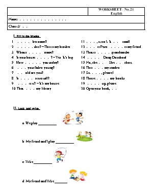 Phiếu bài tập môn Tiếng Anh Lớp 3 - Phiếu số 21