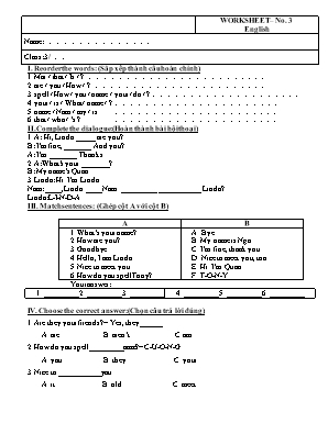 Phiếu bài tập môn Tiếng Anh Lớp 3 - Phiếu số 3