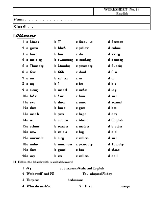 Phiếu bài tập môn Tiếng Anh Lớp 4 - Phiếu số 14