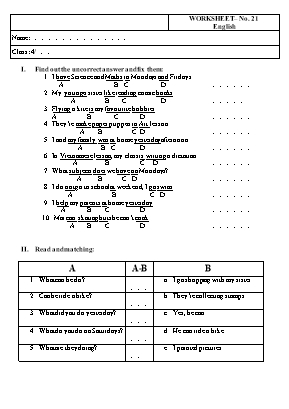 Phiếu bài tập môn Tiếng Anh Lớp 4 - Phiếu số 21