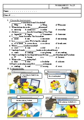 Phiếu bài tập môn Tiếng Anh Lớp 4 - Phiếu số 25