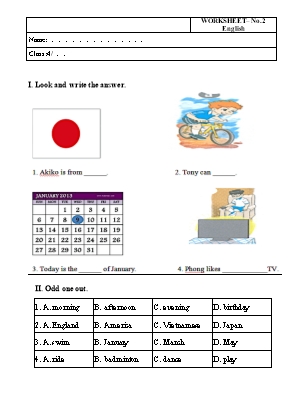 Phiếu bài tập môn Tiếng Anh Lớp 4 - Phiếu số 2