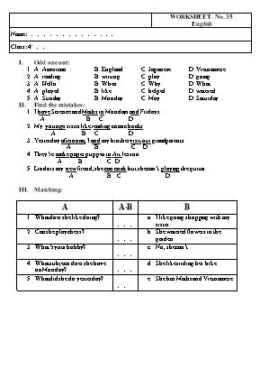 Phiếu bài tập môn Tiếng Anh Lớp 4 - Phiếu số 35