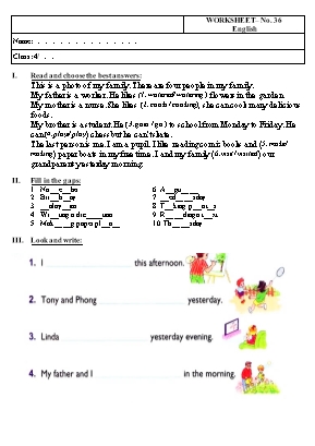 Phiếu bài tập môn Tiếng Anh Lớp 4 - Phiếu số 36