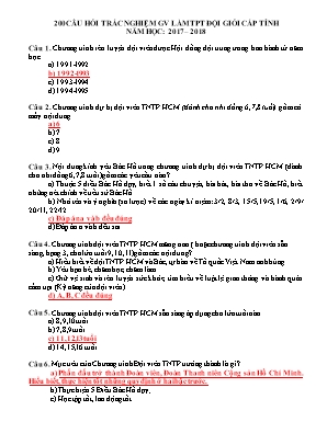 200 câu hỏi trắc nghiệm giáo viên làm tổng phụ trách đội giỏi cấp Tỉnh - Năm học 2017 – 2018 (Có đáp án)