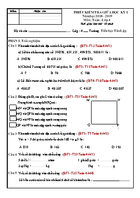 Đề kiểm tra giữa học kì I môn Toán Khối 4 (Có đáp án)