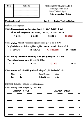 Đề kiểm tra giữa học kì I môn Toán Lớp 4 (Có đáp án)