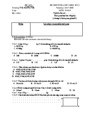 Đề kiểm tra giữa học kì I môn Toán Lớp 4 - Đề số 1 (Có đáp án)