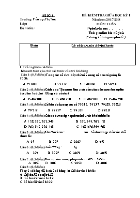 Đề kiểm tra giữa học kì I môn Toán Lớp 4 - Đề số 2 (Có đáp án)