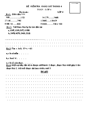 Đề kiểm tra khảo sát Khối 4 - Tháng 4 (Có đáp án)