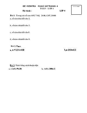 Đề kiểm tra khảo sát Lớp 4 - Tháng 4 (Có đáp án)