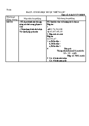 Giáo án Toán Lớp 2 - Tuần 10 - Năm học 2014-2015