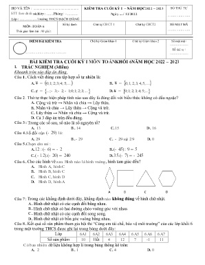 Bài kiểm tra cuối kỳ I - Môn: Toán khối 6