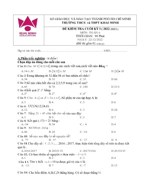 Đề kiểm tra cuối kỳ I - Môn: Toán 6 - Trường THCS và THPT Khai Minh