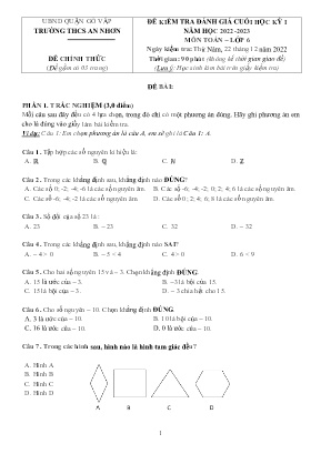 Đề kiểm tra đánh giá cuối học kỳ I - Môn: Toán 6 - Trường THCS An Nhơn