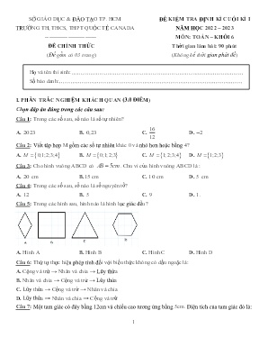 Đề kiểm tra định kì cuối kì I - Môn: Toán 6 - Trường Th, THCS, THPT Quốc tế Canada