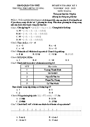 Đề kiểm tra học kỳ I - Môn: Toán 6 - Trường THCS Hùng Vương