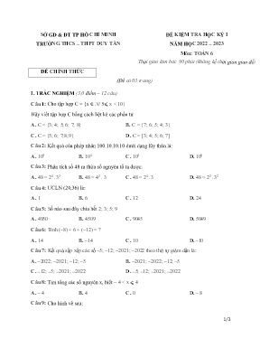 Đề kiểm tra học kỳ I - Môn: Toán 6 - Trường THCS – THPT Duy Tân