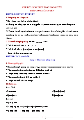 Giáo án dạy thêm Toán học 6 - Chủ đề 3.2: Các phép toán số nguyên, phép cộng số nguyên