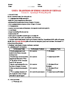 Giáo án môn Tiếng Anh 8 - Unit 8: Traditions of ethnic groups in Vietnam - Lesson 3.1: Speaking & writing Giáo án môn Tiếng Anh 8 - Unit 8: Traditions of ethnic groups in Vietnam - Lesson 3.1: Speaking & writing
