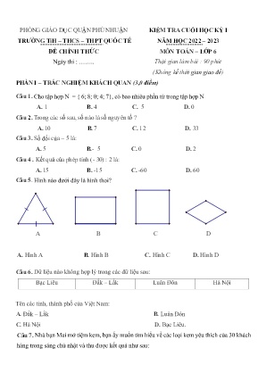 Kiểm tra cuối học kỳ I - Môn: Toán 6 - Trường TH – THCS – THPT Quốc Tế