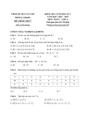 Kiểm tra cuối học kỳ I - Môn: Toán 6 - Trường THCS Bình Khánh