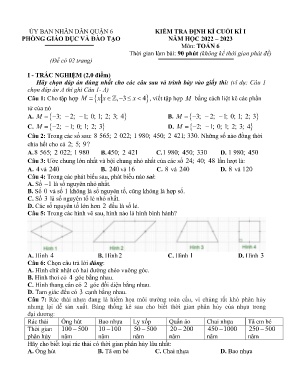 Kiểm tra định kì cuối kì I - Môn: Toán 6 - THCS Văn Thân