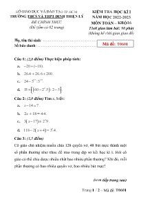 Kiểm tra học kì I - Môn: Toán 6 - Mã đề: T0601 - Trường THCS và THPT Đinh Thiện Lý