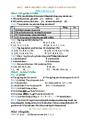 Phiếu bài tập Toán 6 (Cánh diều) - Bài 17: Phép chia hết. ước và bội của một số nguyên