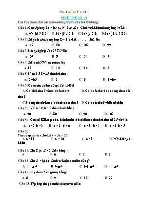 Phiếu bài tập Toán 6 (Cánh diều) - Bài: Ôn tập giữa kì I