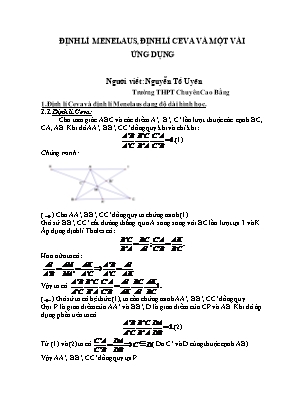Tài liệu Bồi dưỡng học sinh giỏi môn Toán 6 - Định lí menelaus, định lí ceva và một vài ứng dụng