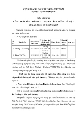 Đơn công nhận Sáng kiến Một số biện pháp rèn Năng lực – Phẩm chất cho học sinh lớp 1A2, lớp 1 Xì Phài - Trường PTDTBT Tiểu học Dào San theo Chương trình giáo dục phổ thông 2018