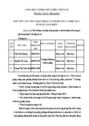 Đơn công nhận Sáng kiến Một số giải pháp nâng cao phòng chống dịch cho trẻ 5-6 tuổi lớp mẫu giáo lớn Trường mầm non Nậm Loỏng - Thành phố Lai Châu- Tỉnh Lai Châu