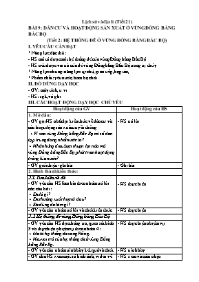 Kế hoạch bài dạy Lịch sử & Địa lí Lớp 4 KNTT - Bài 9, 10 - Tiết 21-24: Dân cư và hoạt động sản xuất ở vùng đồng bằng Bắc bộ. Một số nét văn hóa ở vùng đồng bằng Bắc bộ